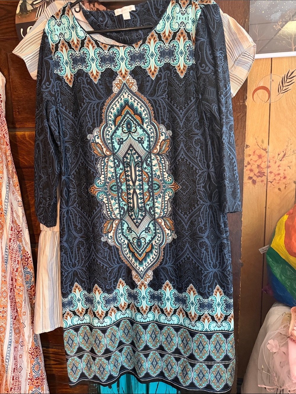 Charter Club Black Long-Sleeve Dress with Teal and Brown Medallion Print